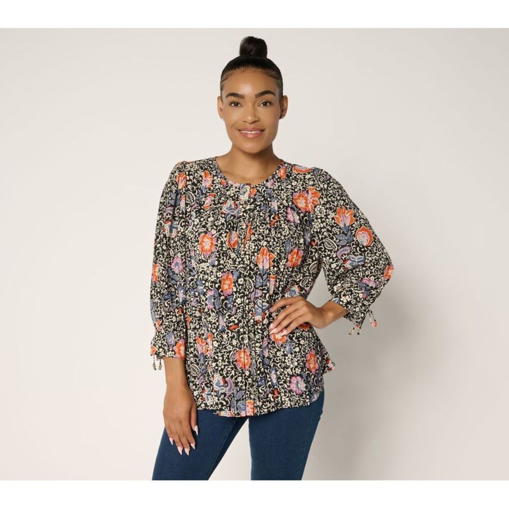 Susan Graver Women's Top Sz S Printed Pleated Woven Blouse Multi-colored A696220